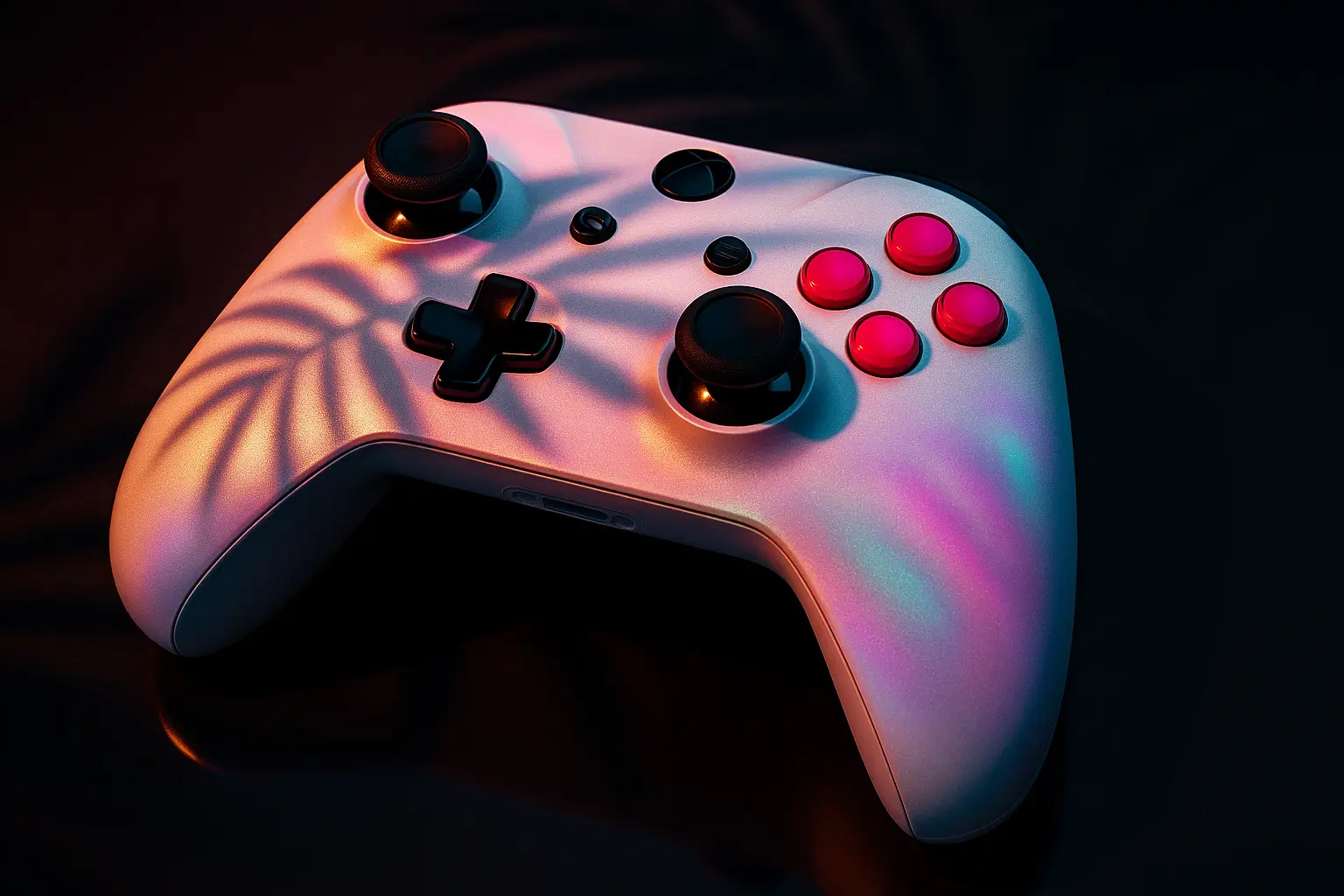 Iridescent white and pink wireless game controller under studio lighting