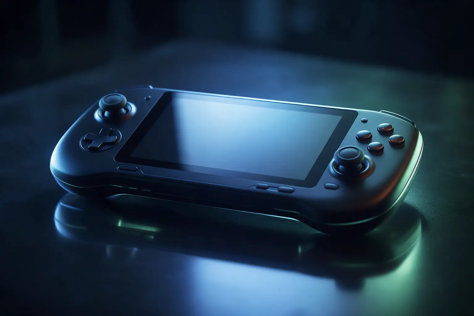 Modern handheld gaming console glowing in the dark