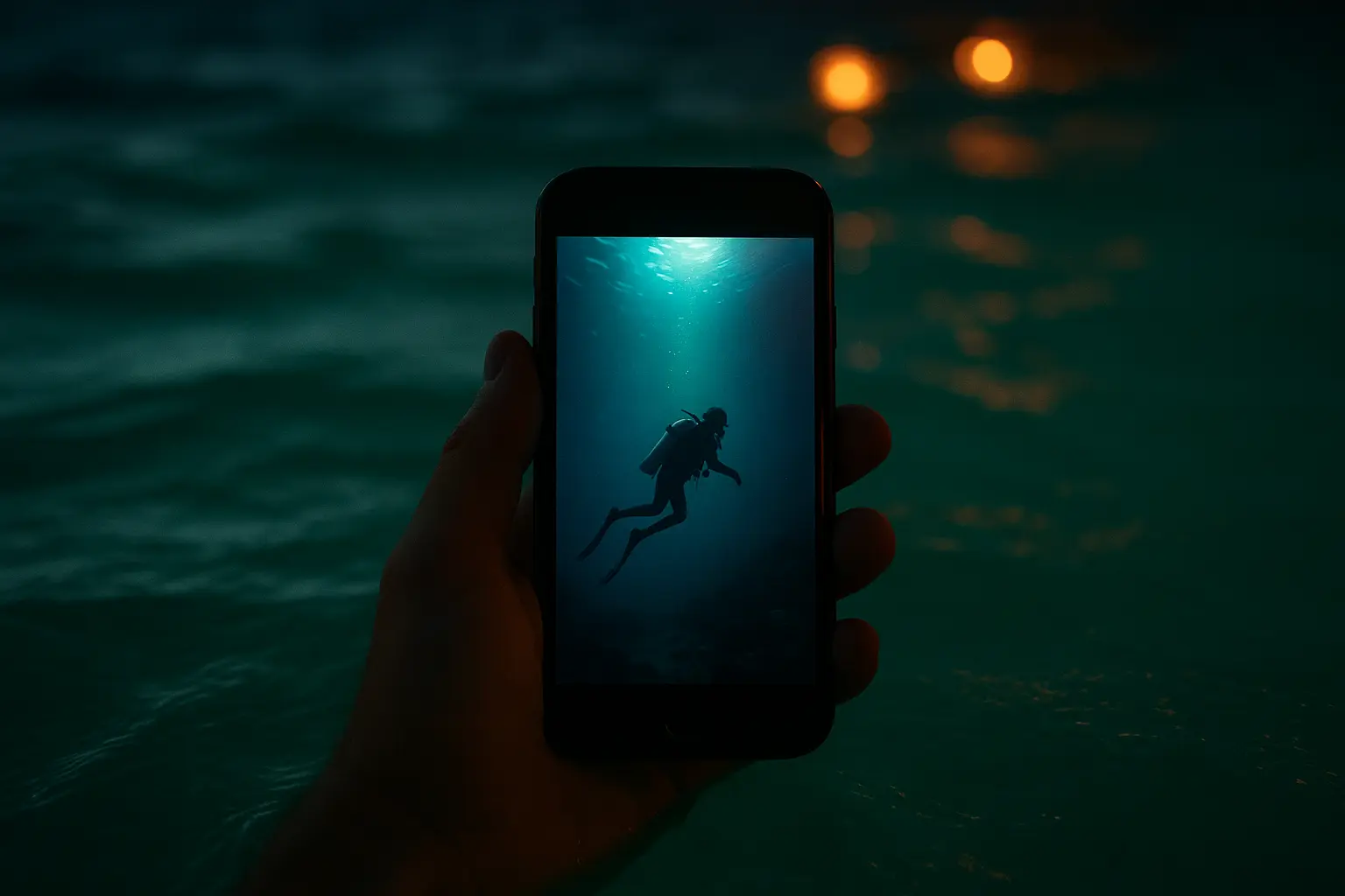 Smartphone glowing above tropical ocean water