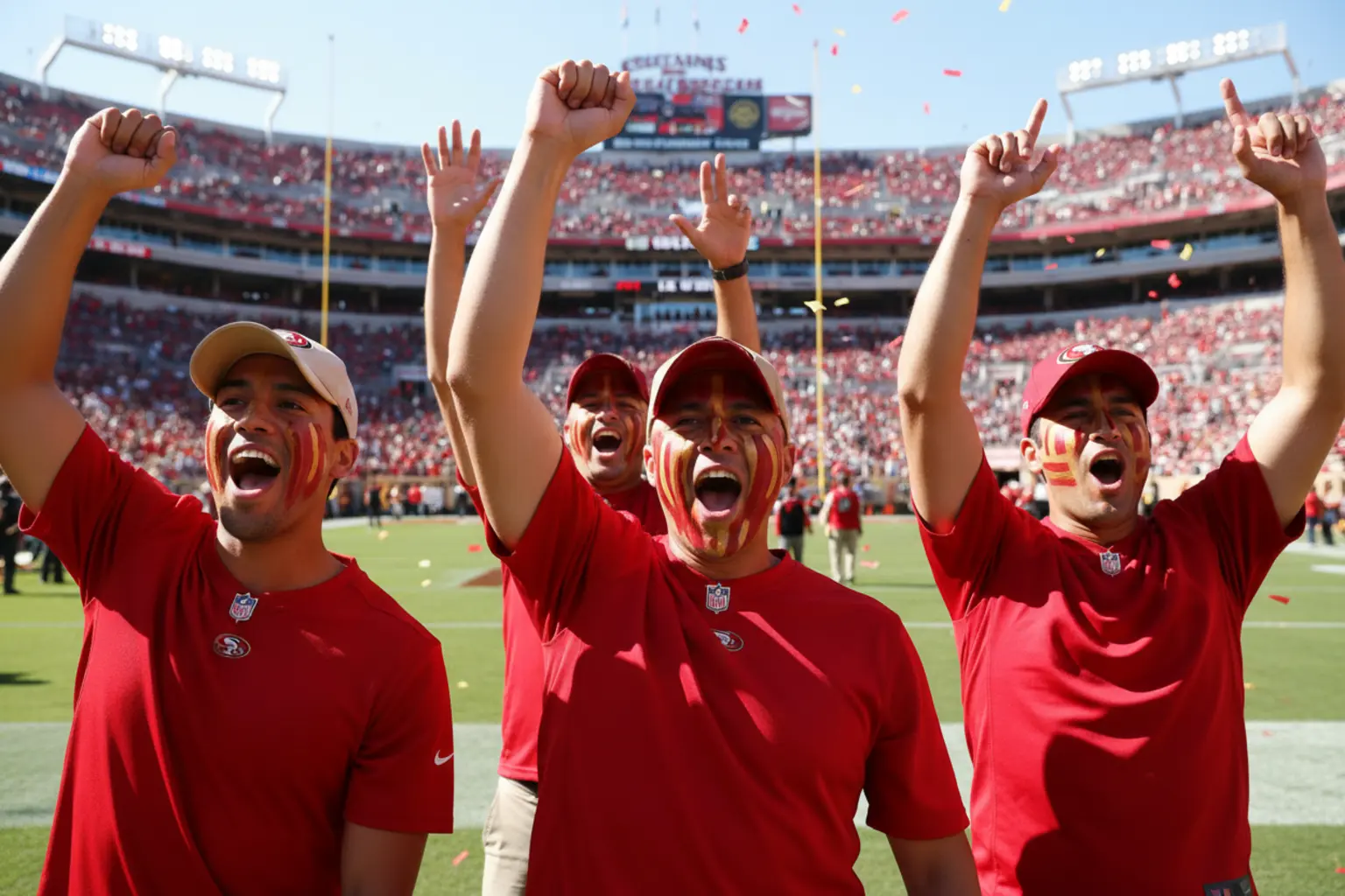 Four 49ers fans at field level with arms raised as gold confetti falls in a packed stadium