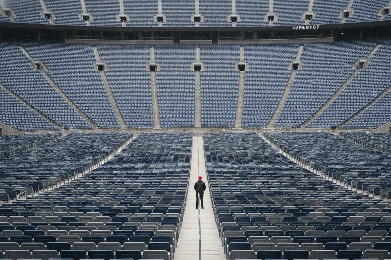 A single small figure in a red cap, alone in a vast, symmetrical, empty upper seating tier of a stadium