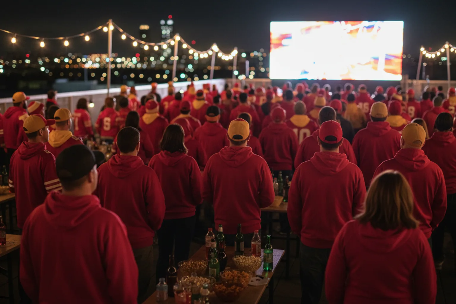 Fans in red and gold watching a game on a big screen at a night rooftop watch party