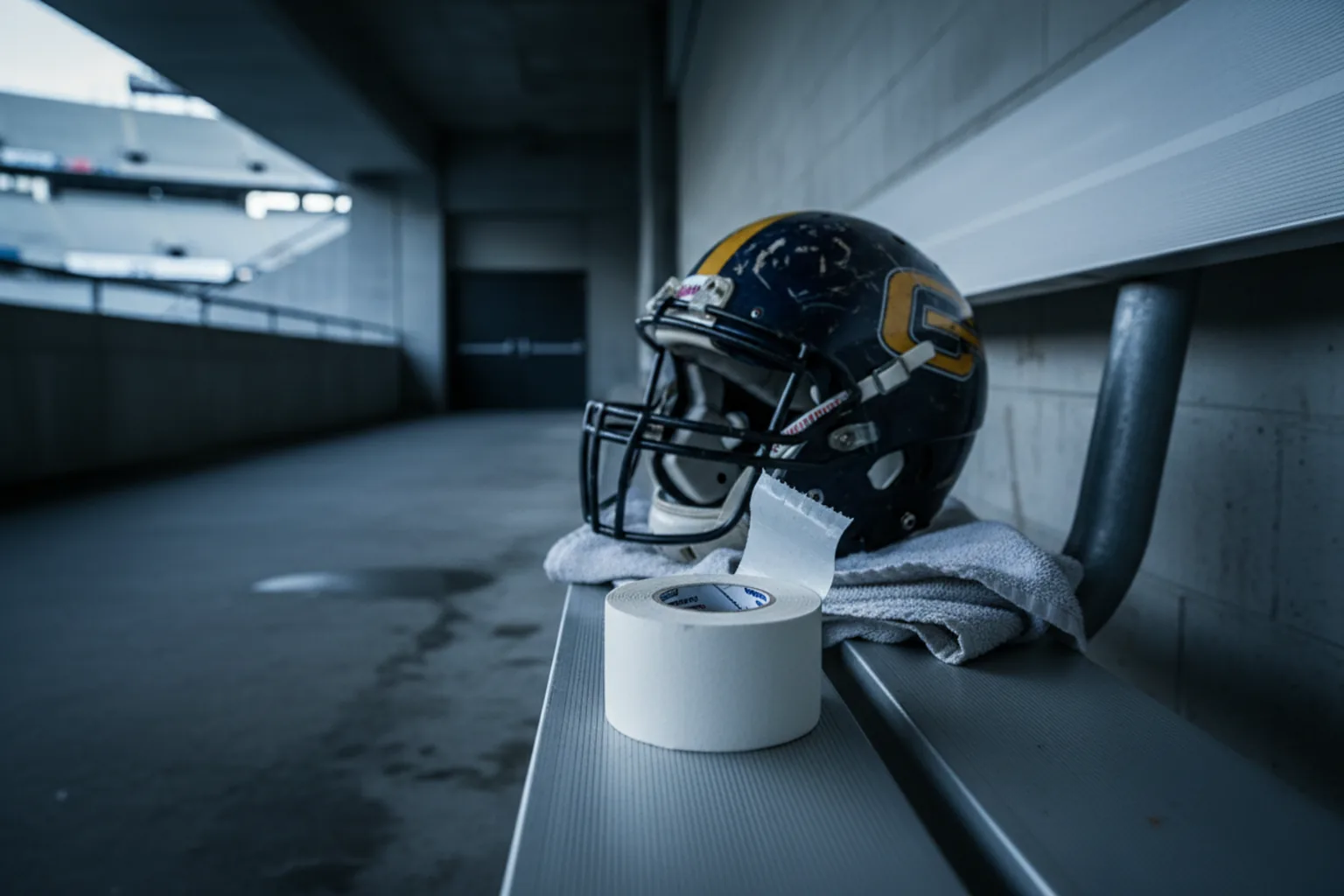 A roll of athletic tape beside a navy-and-gold football helmet on an empty bench in a stadium tunnel