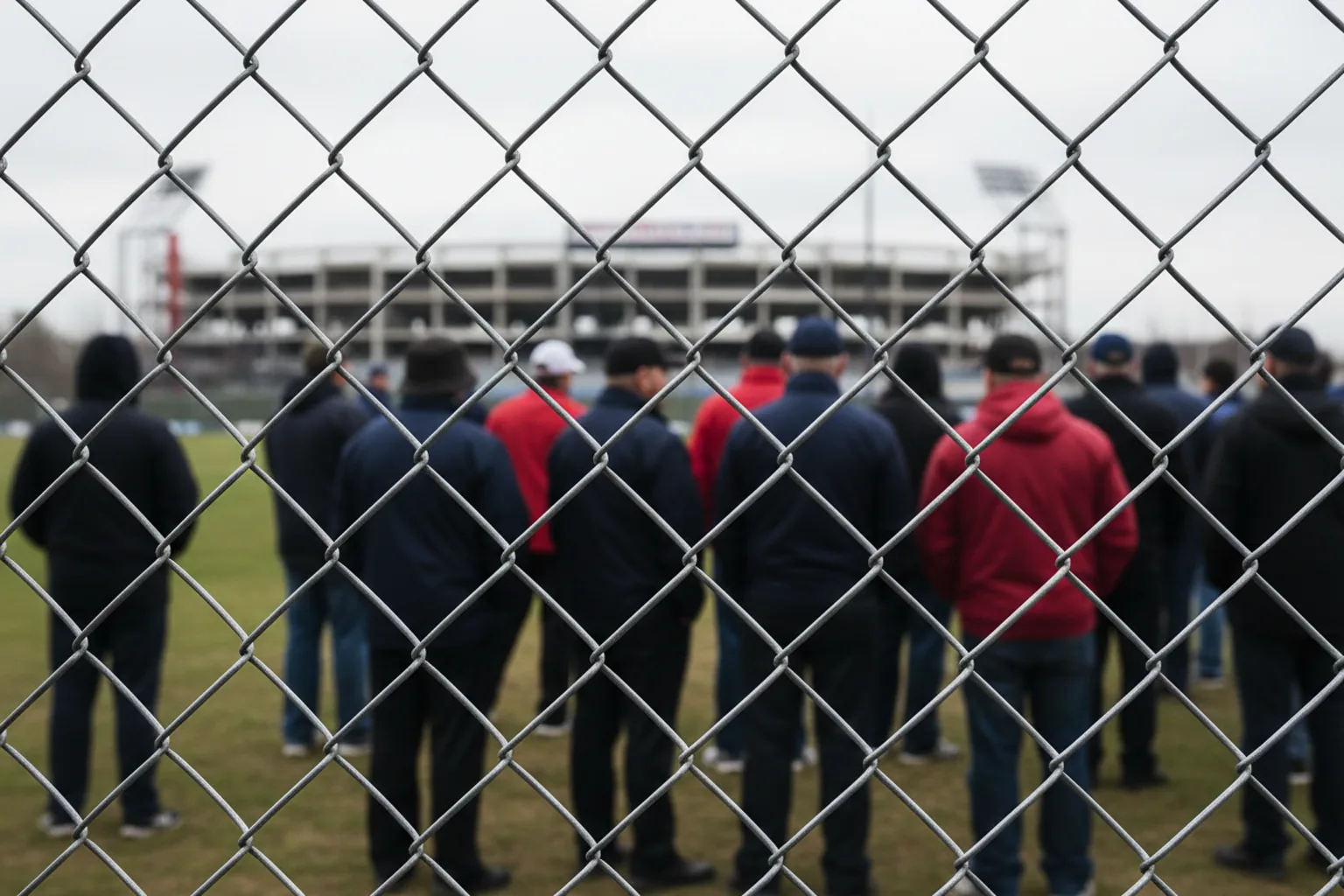 Fans in navy and red seen through the mesh of a chain-link fence on an overcast day