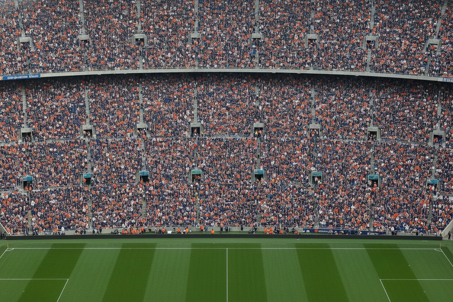 A packed stadium bowl of navy-and-orange spectators above a bright green field