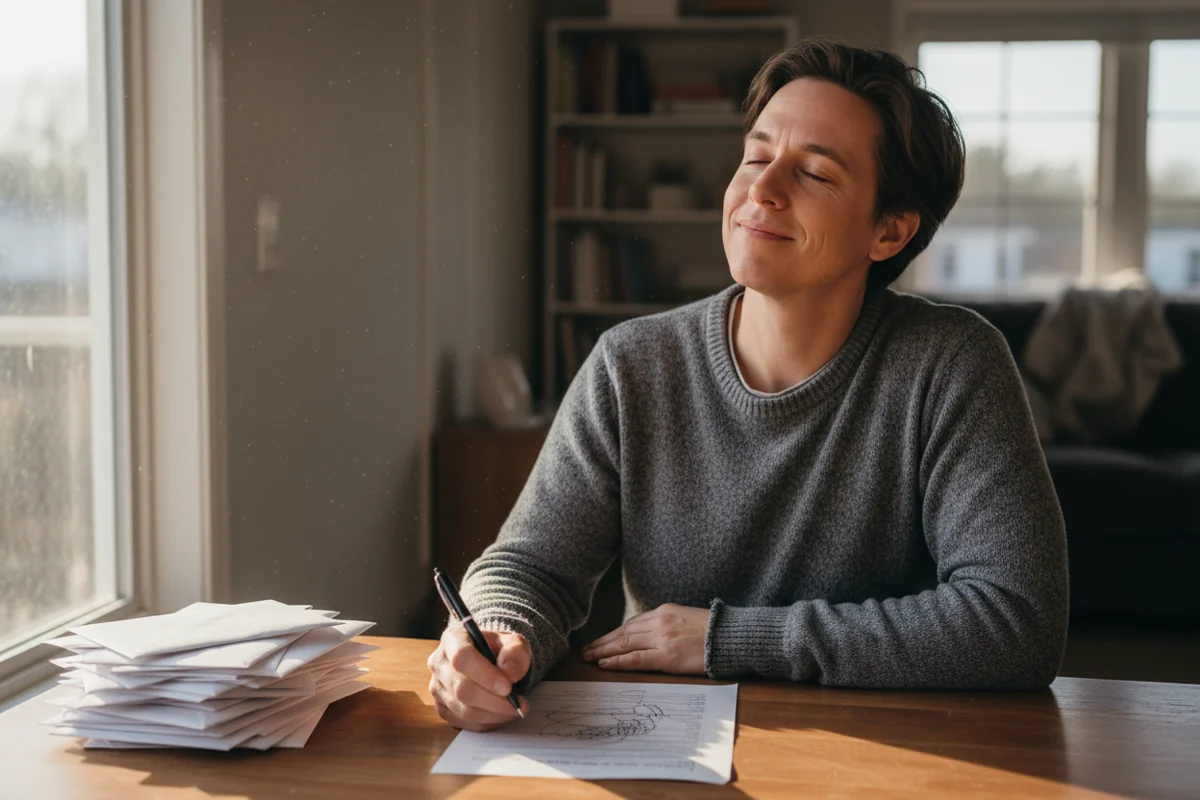 Person exhaling with relief while filling out a form at a desk