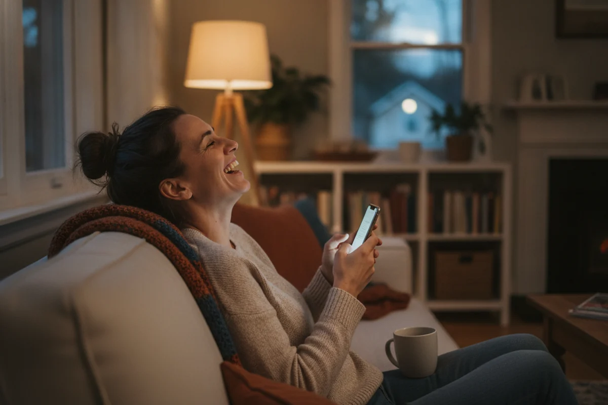 Person laughing with delight at their phone on a sofa at home