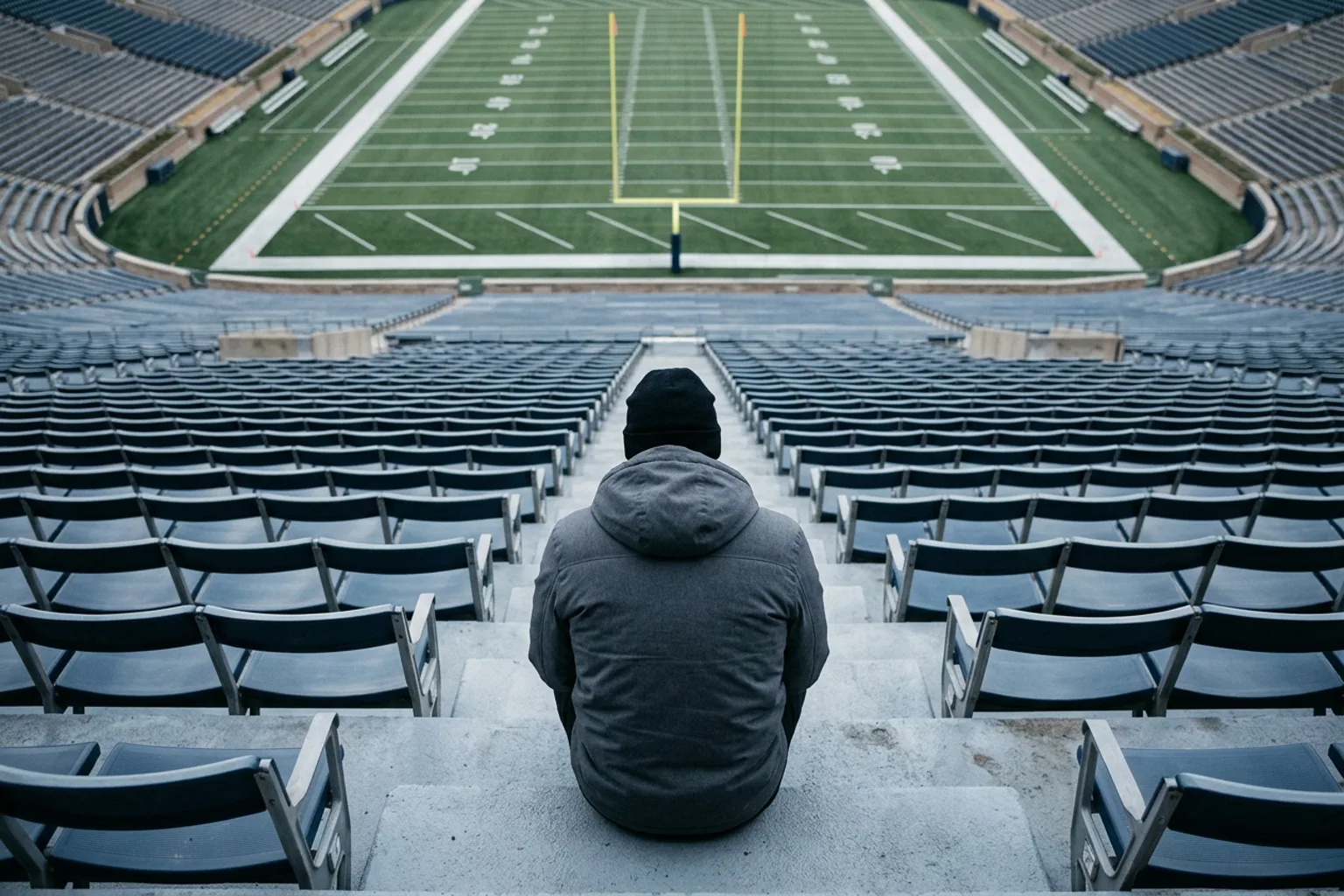 A single supporter sitting alone high in an empty tier of stadium seating, seen from behind