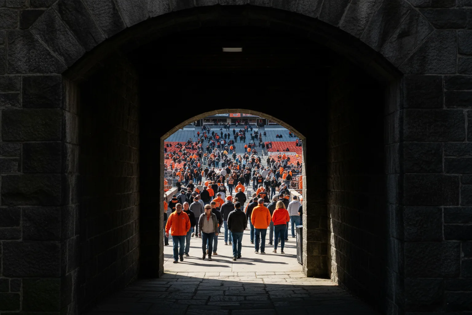 Daylight and orange-clad fans seen through the dark stone archway of a stadium concourse