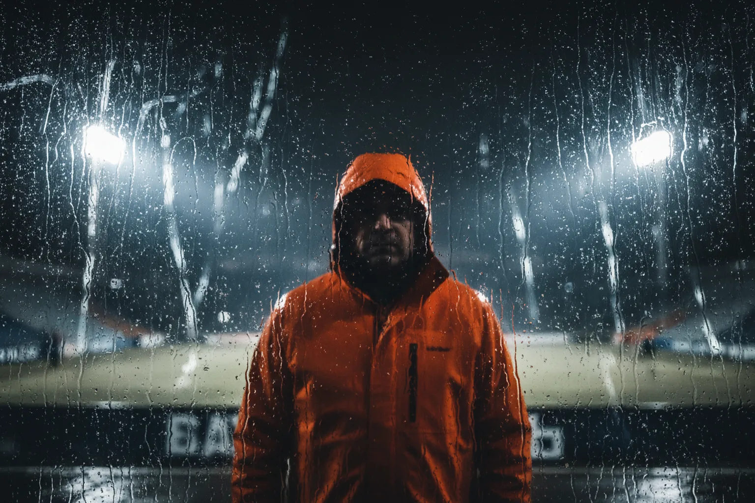 A man in a hood facing the camera at night behind a window beaded with rain, stadium lights diffused in the glass