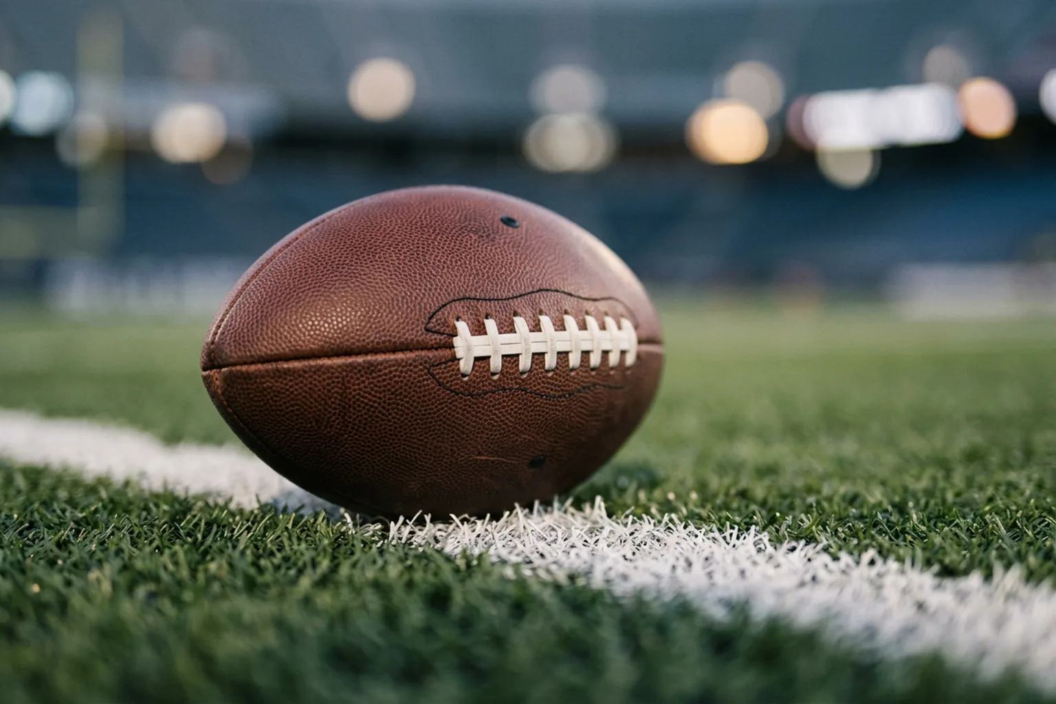 A football resting on a painted white yard line at field level, with stadium floodlights blurred behind it