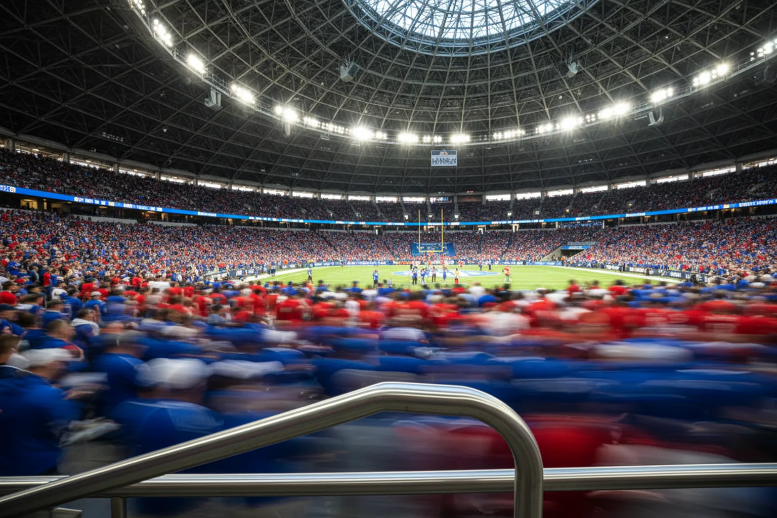 Motion-blurred fans moving through the concourse of a domed stadium