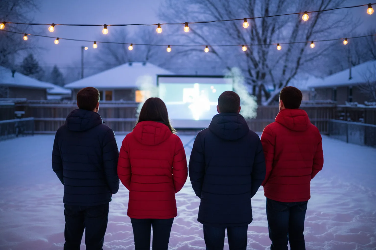 A small group of fans in red and blue coats watching a screen outdoors in a snowy backyard at dusk, lit by string lights