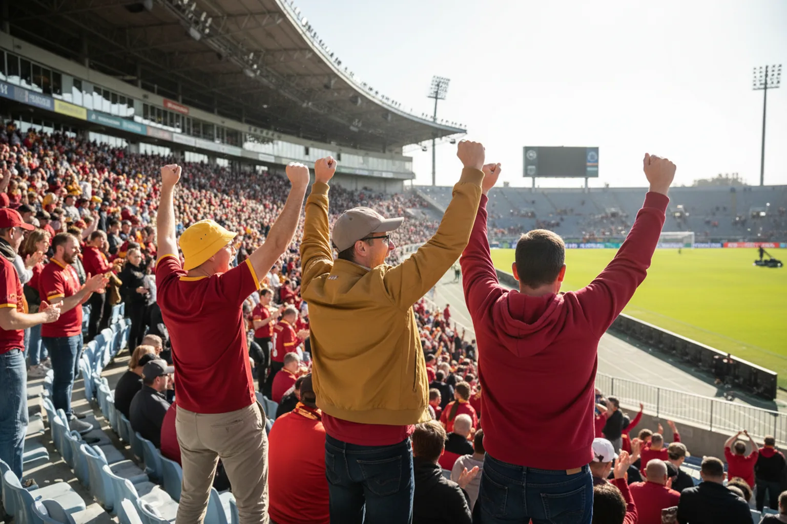 Three fans in scarlet and gold celebrating with arms raised among the seating rows