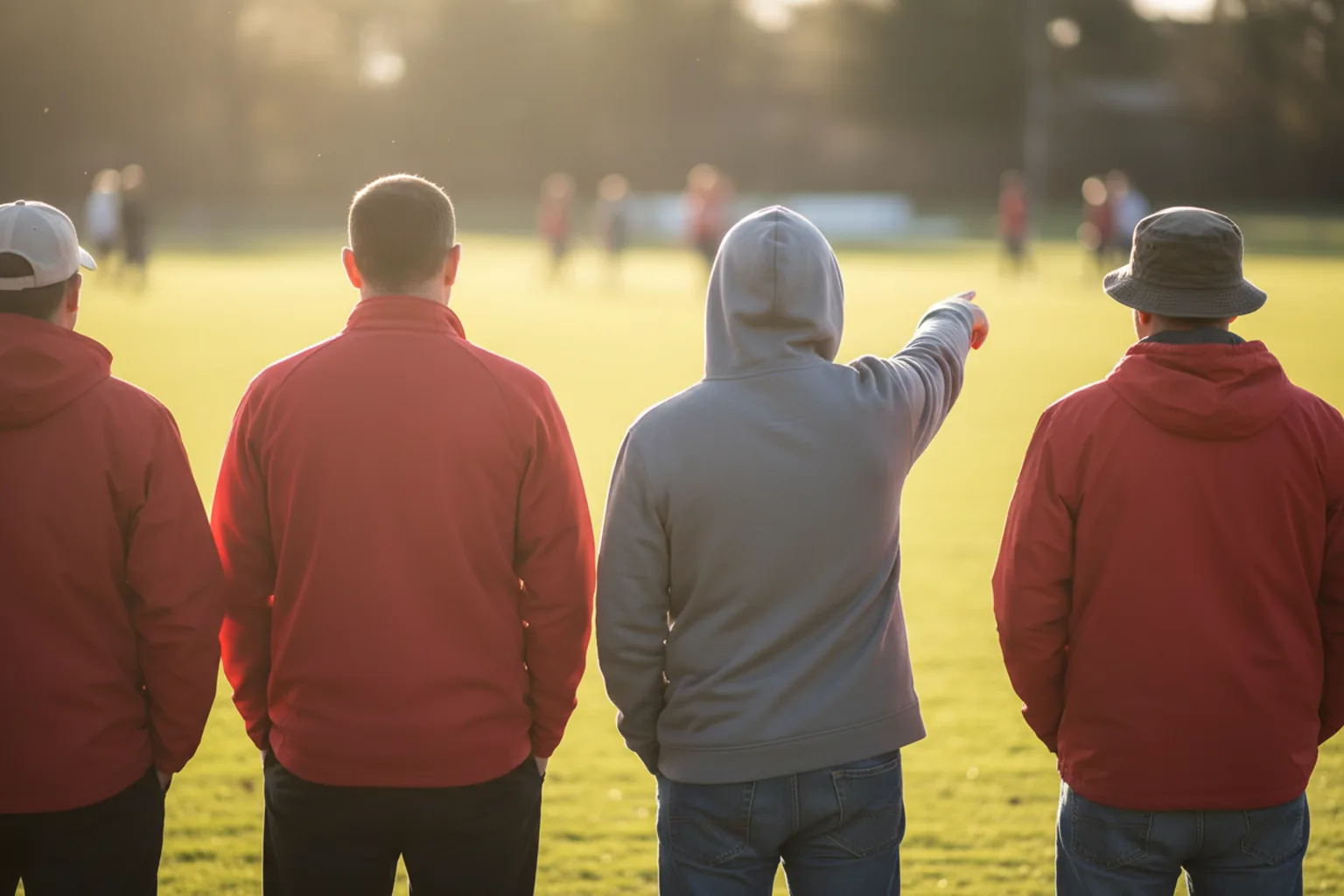Four fans in red and pewter standing shoulder to shoulder from behind, one pointing toward the field