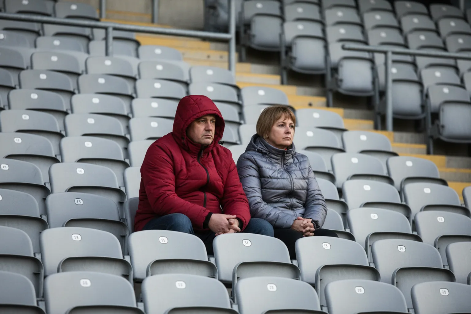Two fans seated side by side in empty gray stands, both facing forward, neither looking at the other