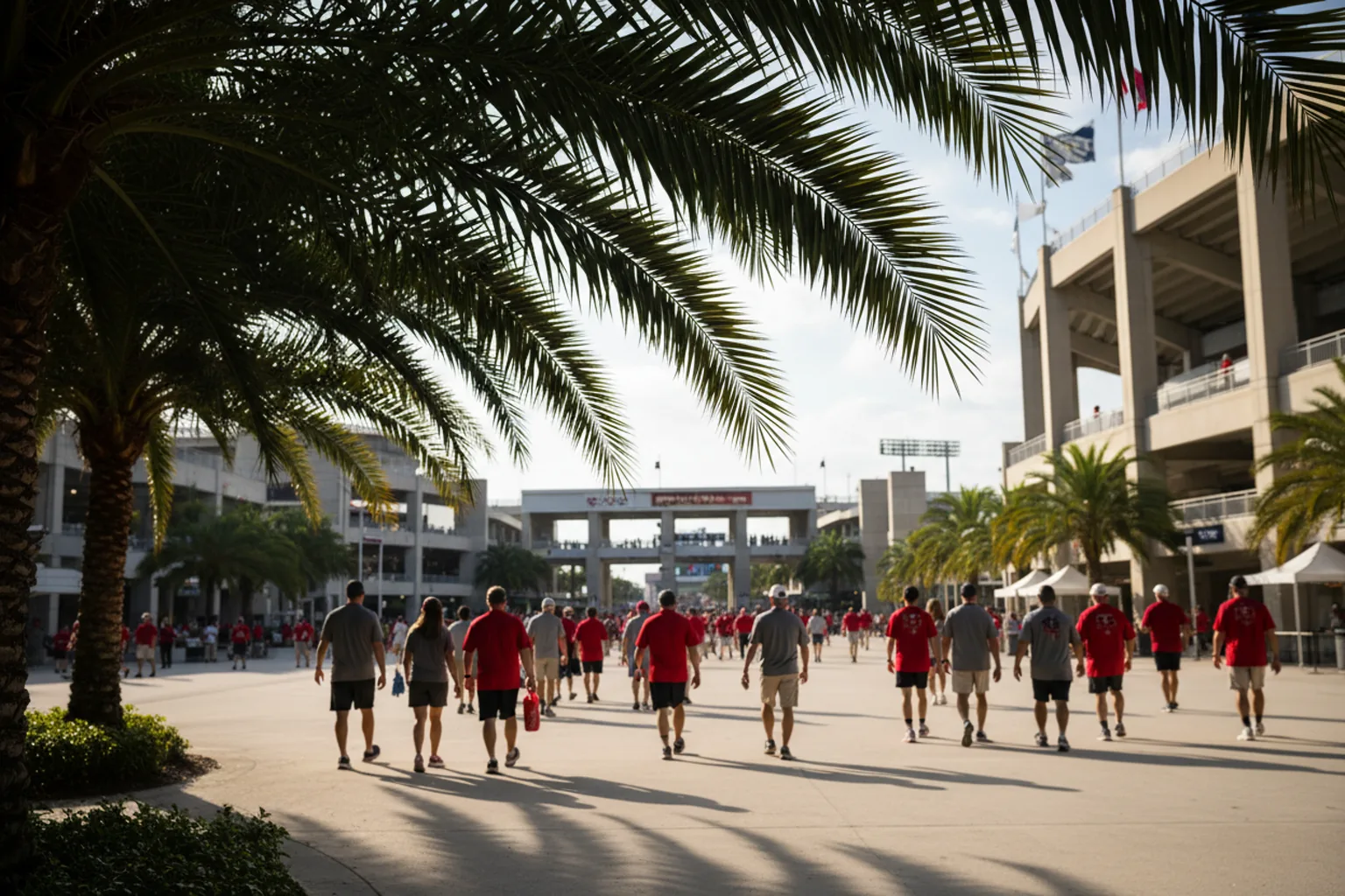 Fans in red walking toward a sunlit stadium concourse, framed by palm fronds in the foreground