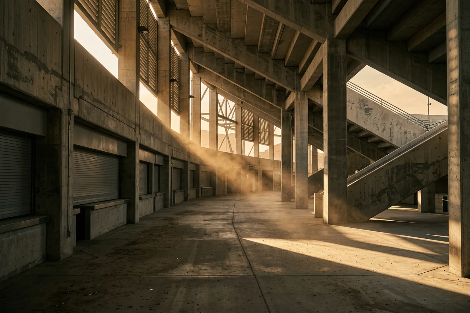 An empty desert stadium concourse with late afternoon light through the concrete openings