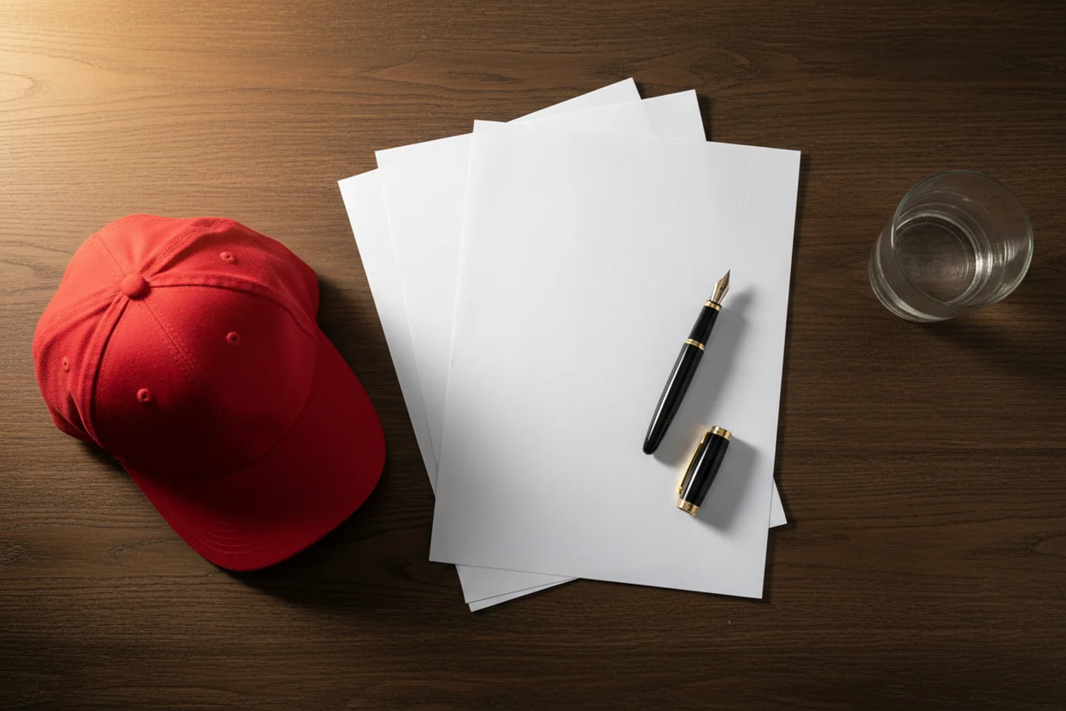 Overhead view of a stack of contract pages with a fountain pen, a red cap and a glass of water