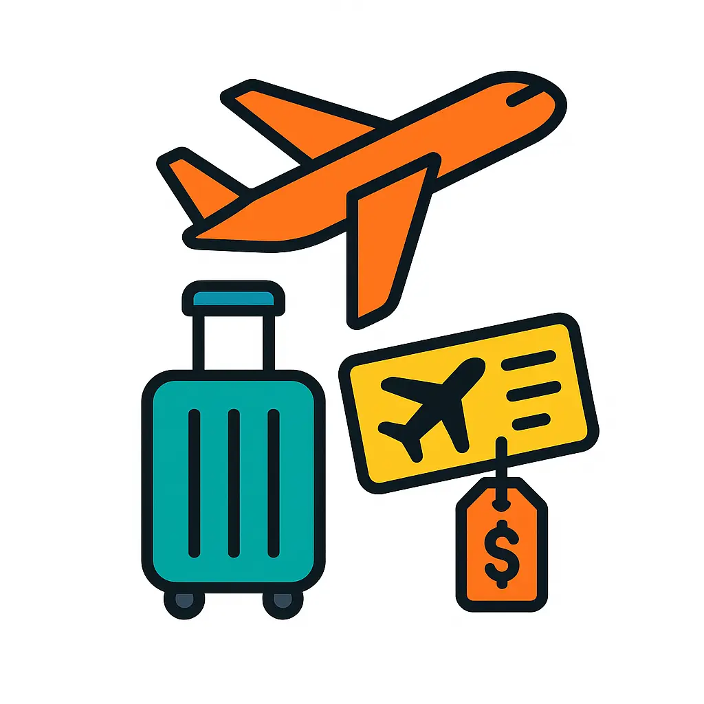 Airplane, suitcase, and boarding pass representing travel booking