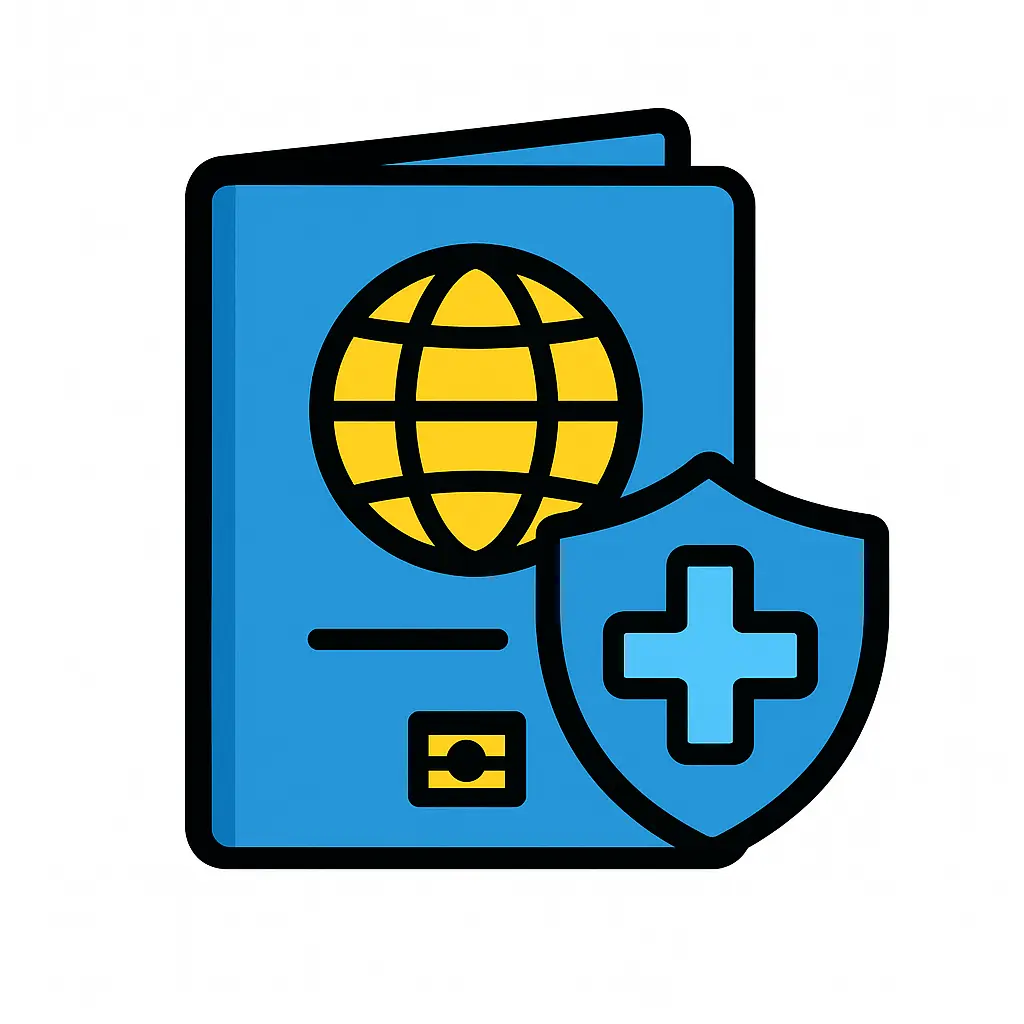 Passport with medical cross shield representing travel medical insurance