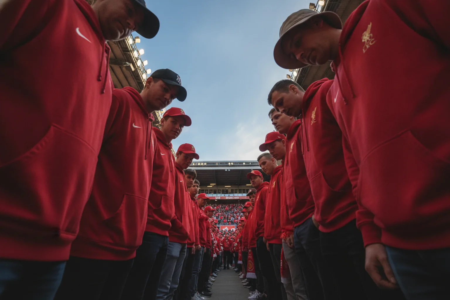 Low angle up a stadium stairway between packed rows of red-clad standing fans