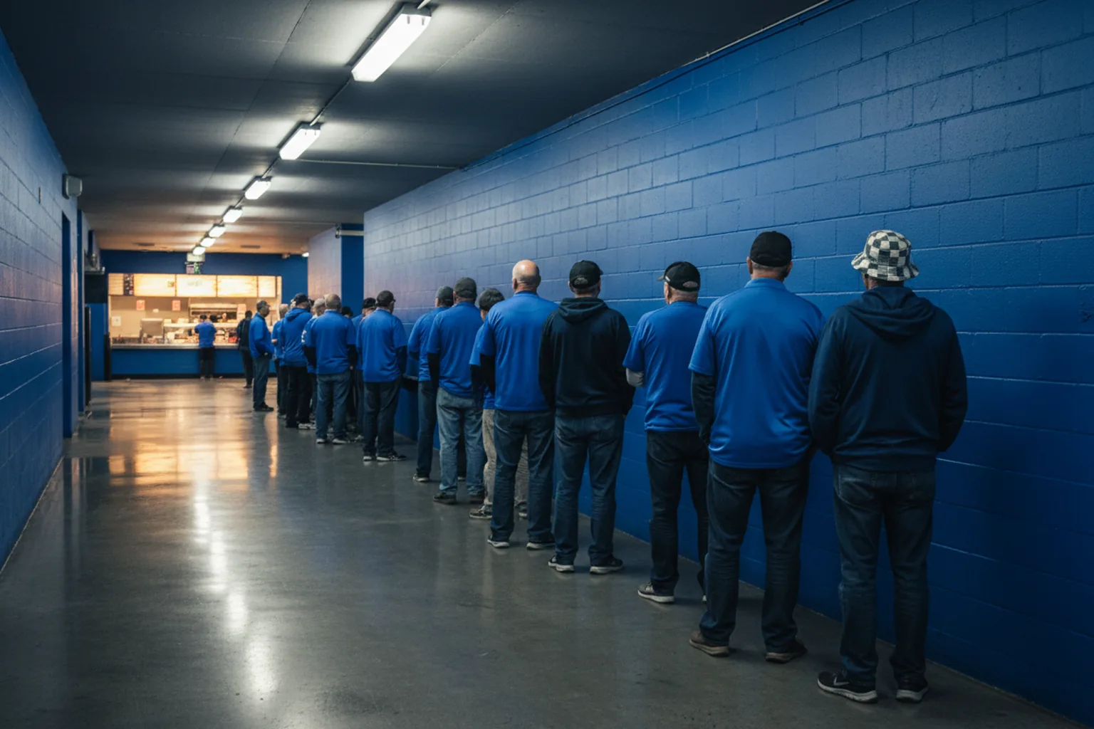 Fans in royal blue queueing along a stadium concourse under harsh overhead lighting