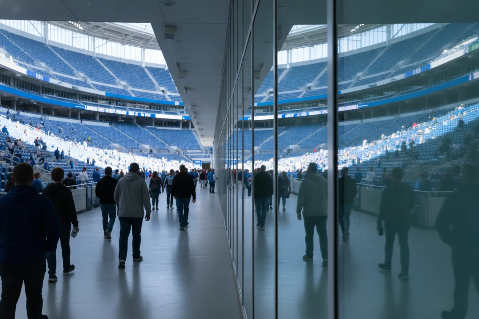 A royal-blue stadium concourse reflected in a tall polished glass panel