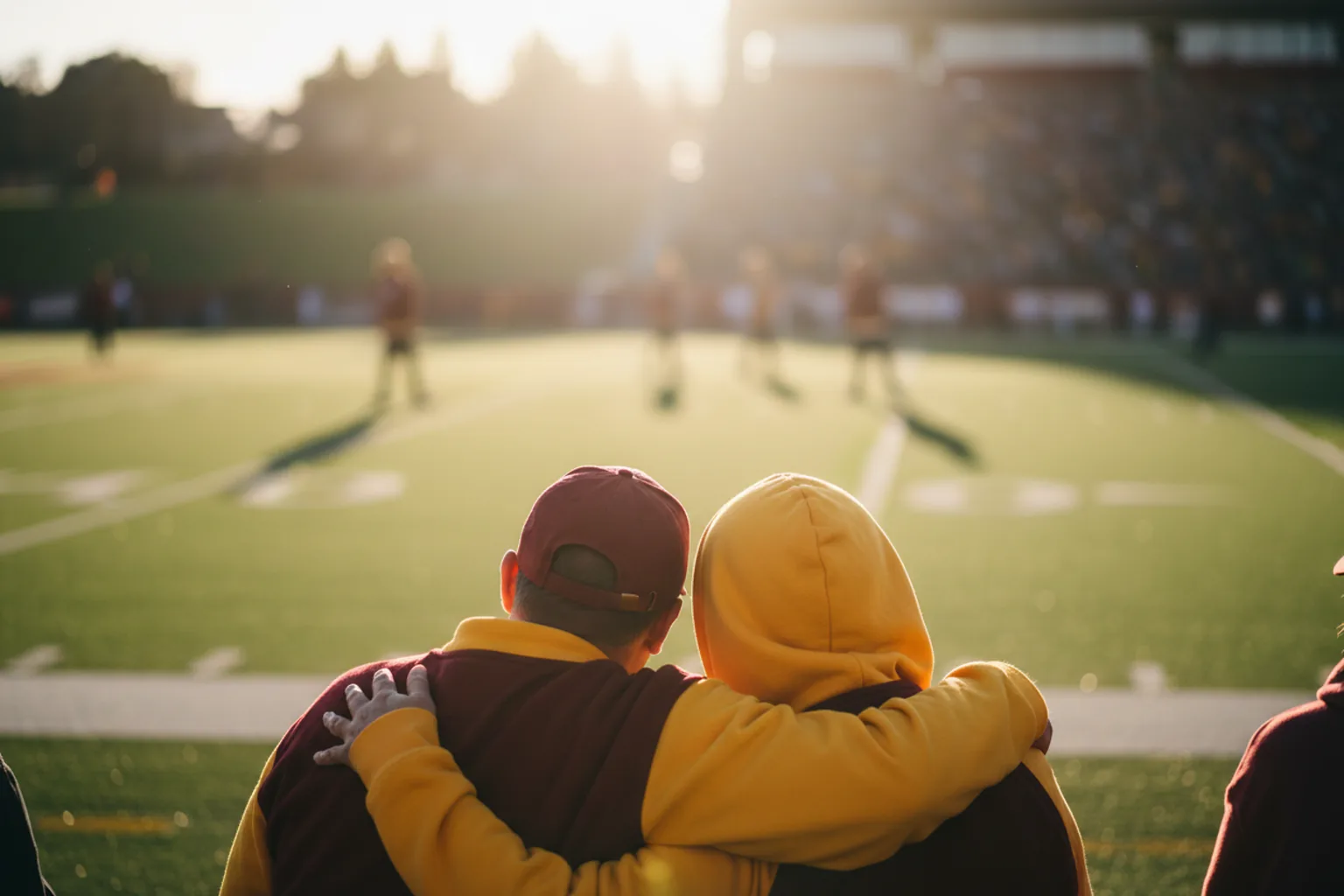 Two fans in burgundy and gold seen from behind, one with an arm around the other, facing the field
