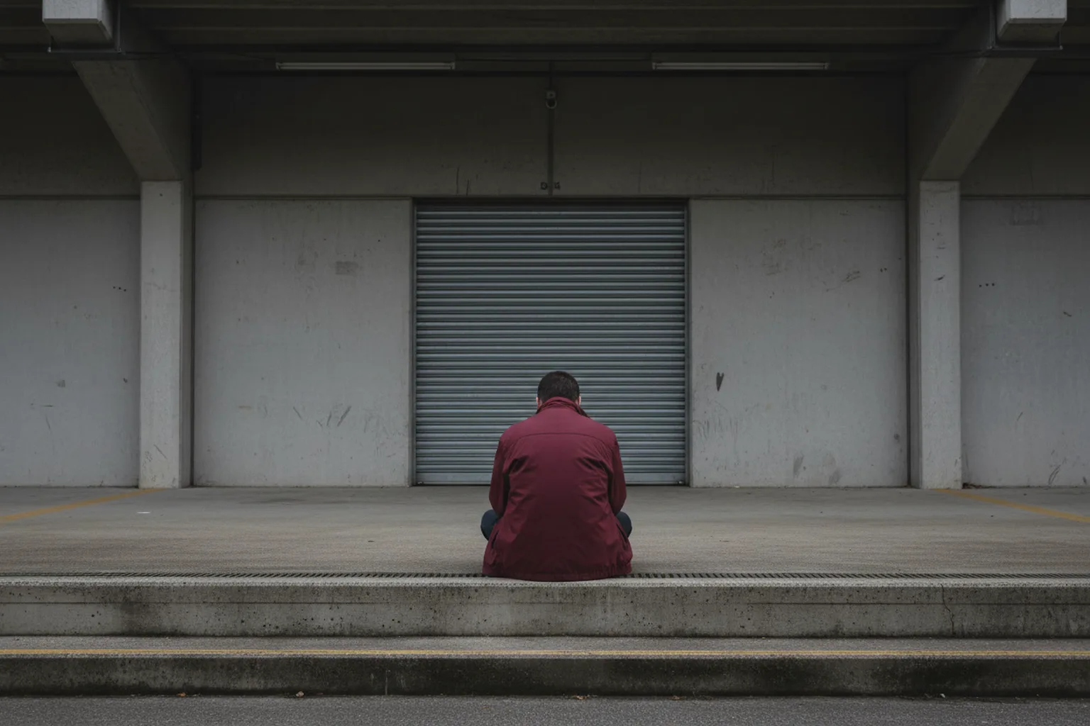 A person in a burgundy jacket seen from behind, sitting alone on a step facing a closed shutter in an empty concourse