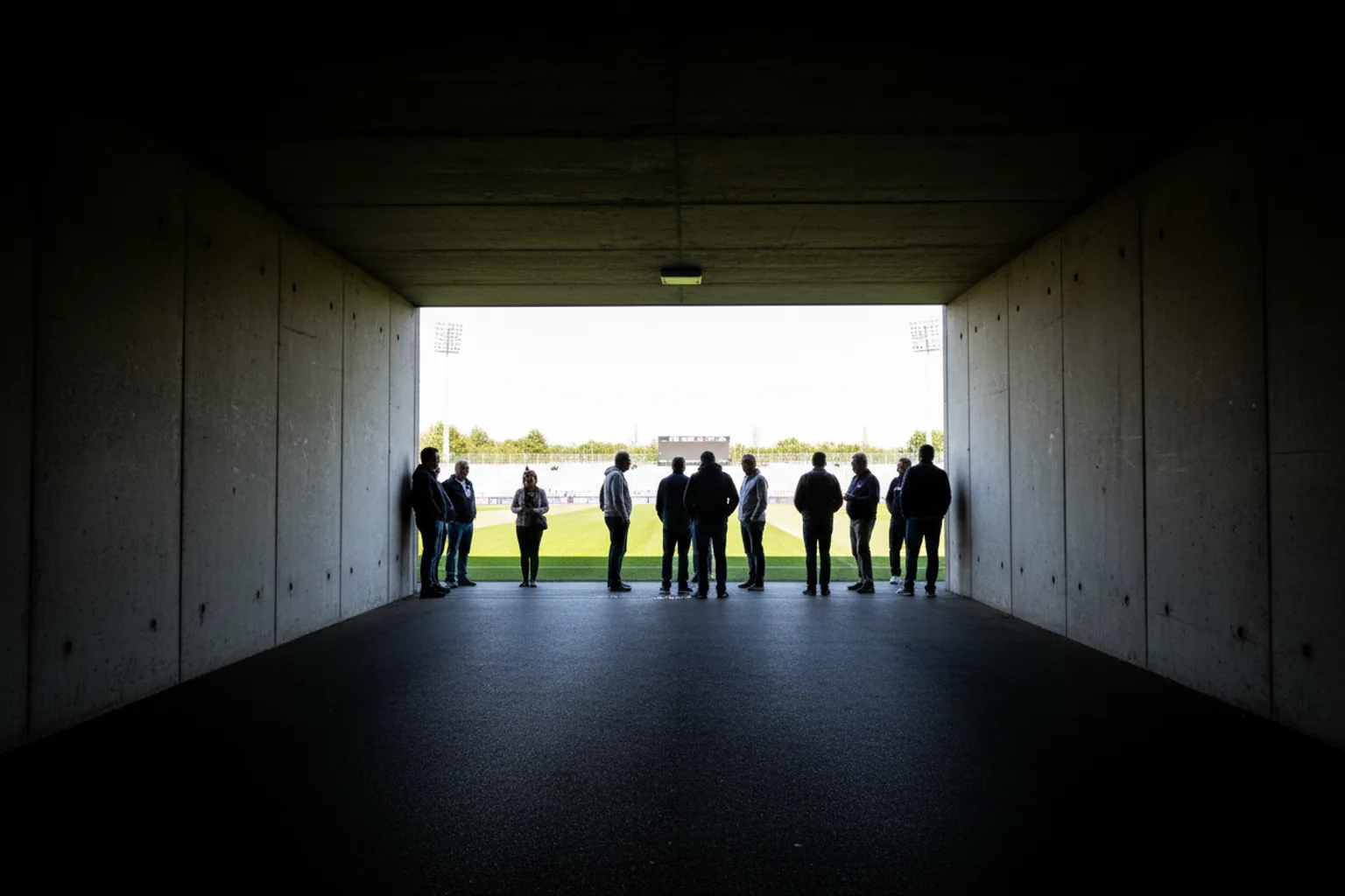 Fans silhouetted in a dark stadium tunnel mouth against the bright field beyond