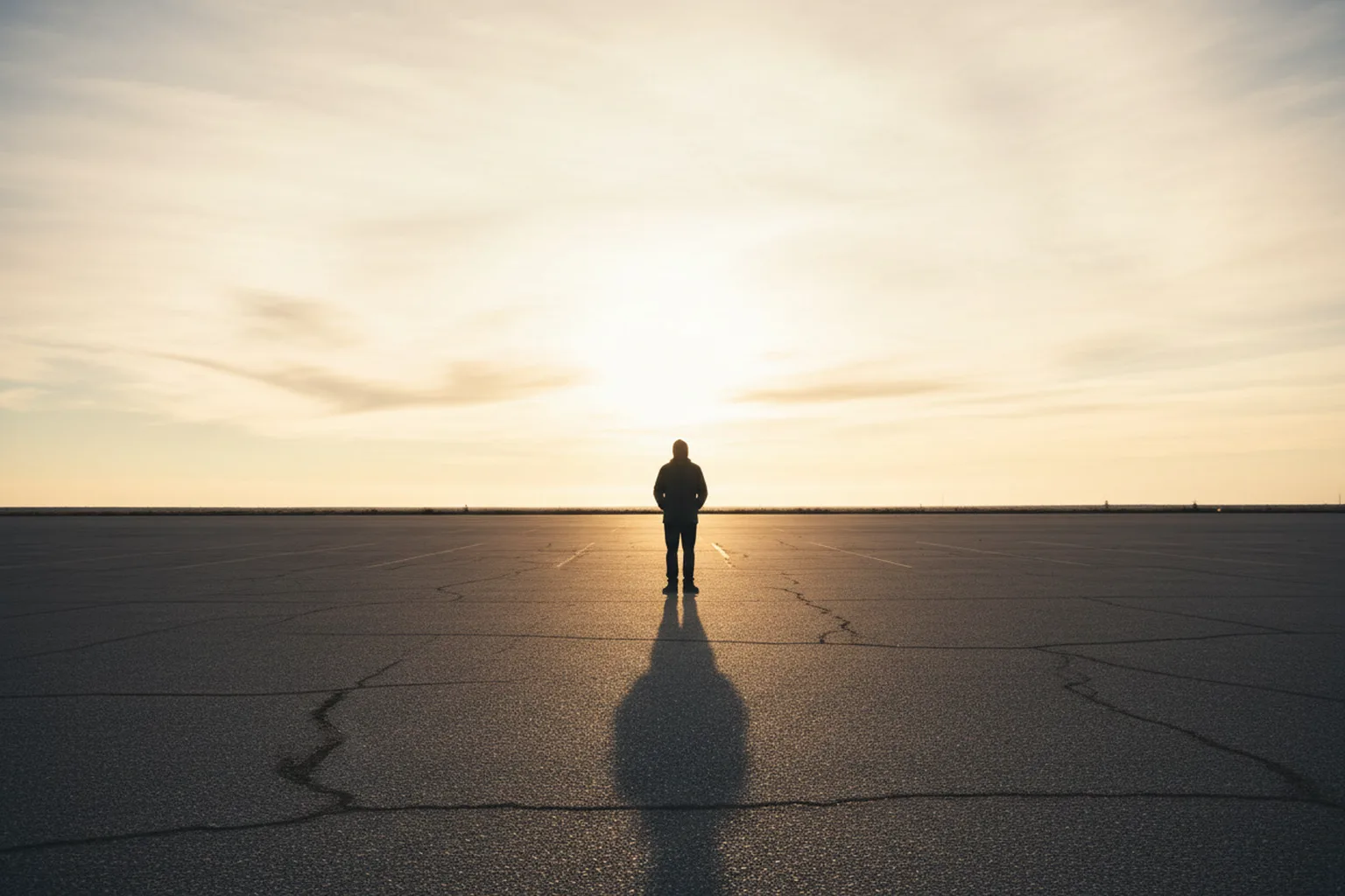 A lone figure silhouetted against a pale gold sunrise sky on an empty expanse of parking lot, long shadow stretching toward the camera