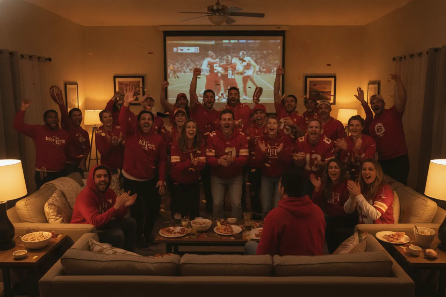 Excited NFL fans cheering together at a watch party