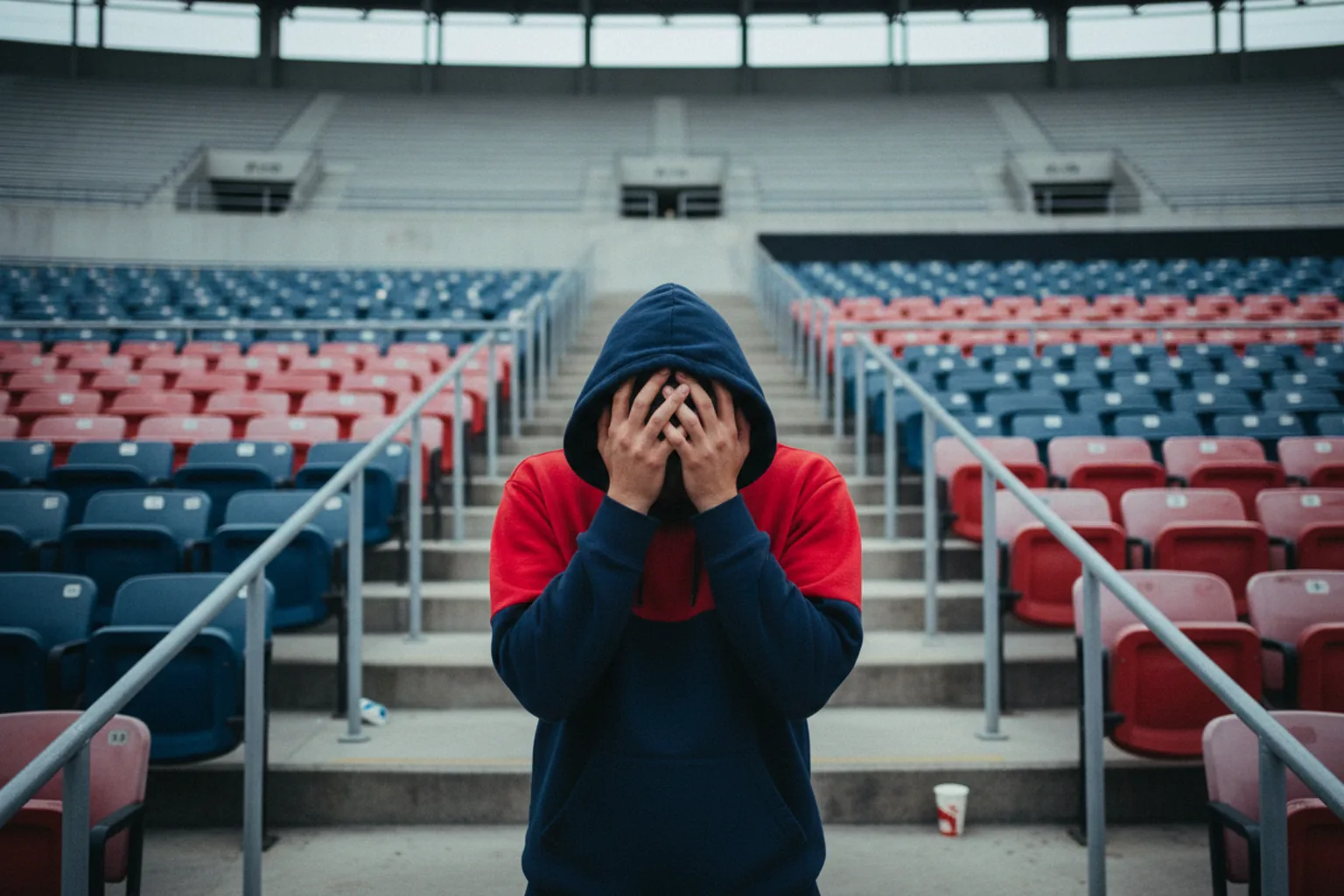 A lone fan from behind with both hands clasped on a bowed head, alone in an aisle of empty seats