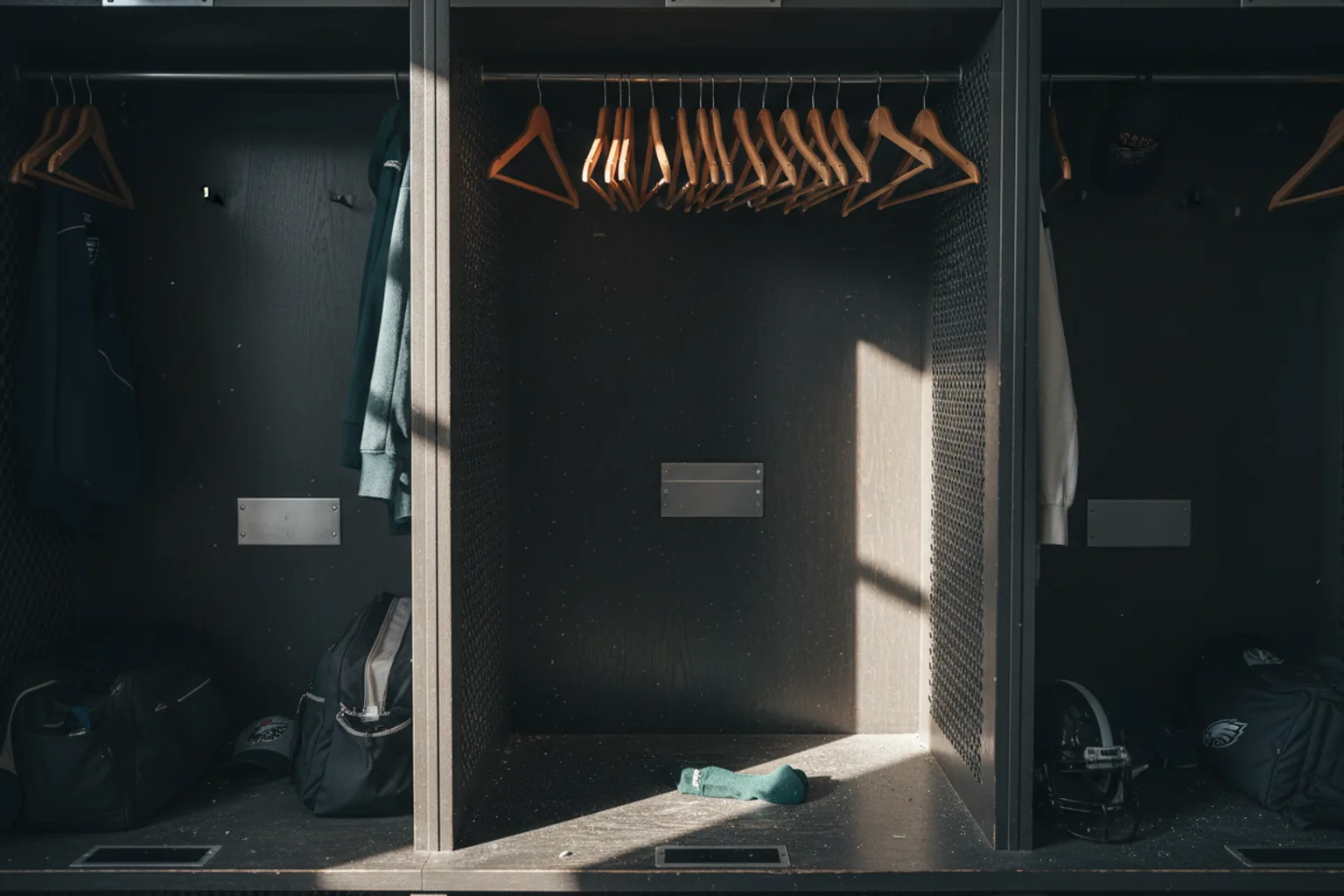 An emptied locker stall with bare hangers, a blank nameplate and a single green sock on the floor