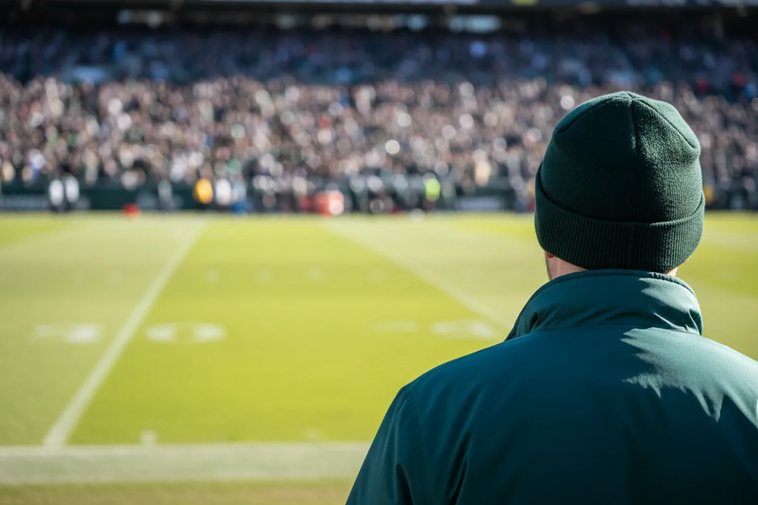 Over the shoulder of a fan in midnight green looking out at a sunlit field