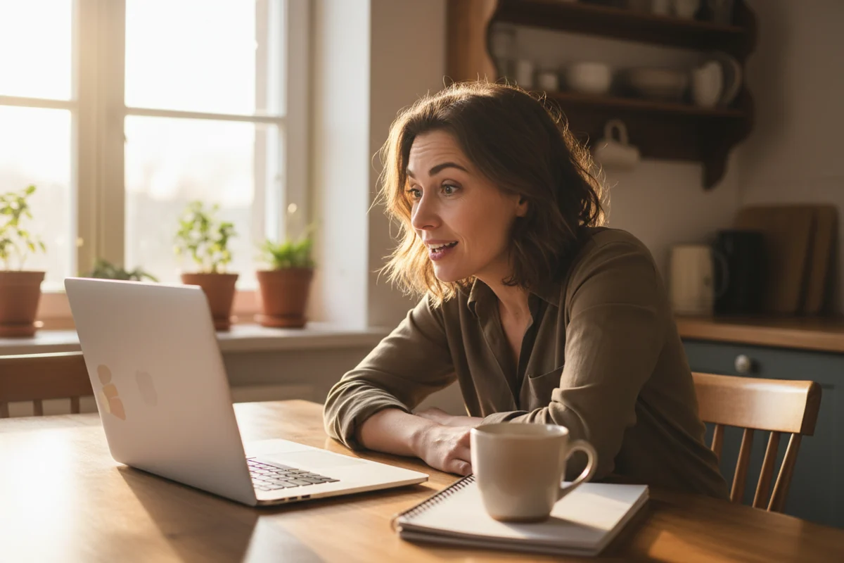 Person leaning toward a laptop with a hopeful, surprised expression