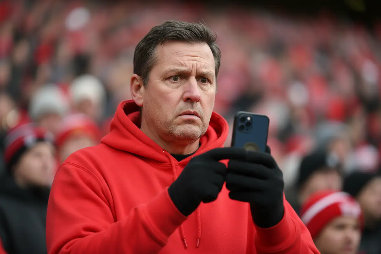 A tense Atlanta Falcons fan anxiously checking his phone in the stadium stands