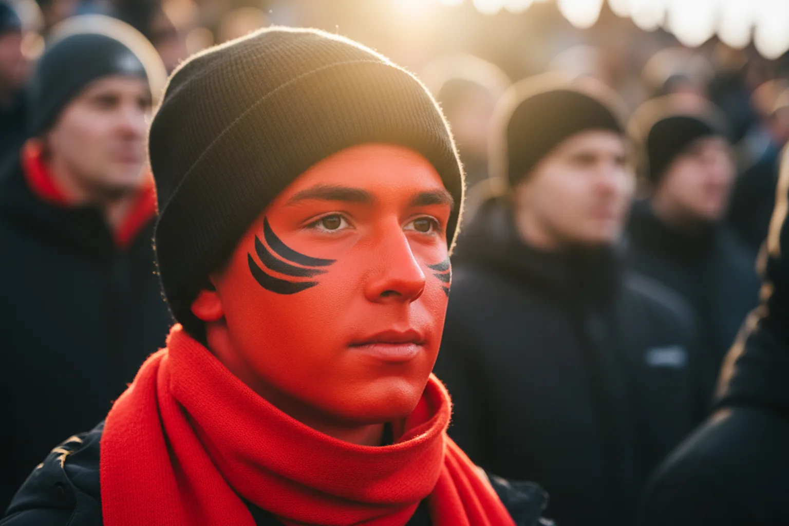A fan with their face painted red and black staring intently, lit by warm golden backlight