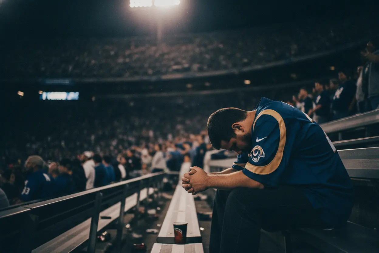 Dejected NFL fans watching a lopsided loss from the stands