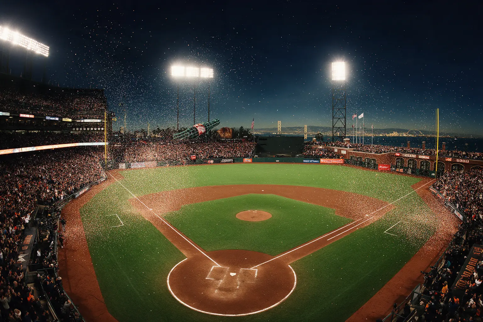 Baseball stadium at night with confetti after a walk-off win