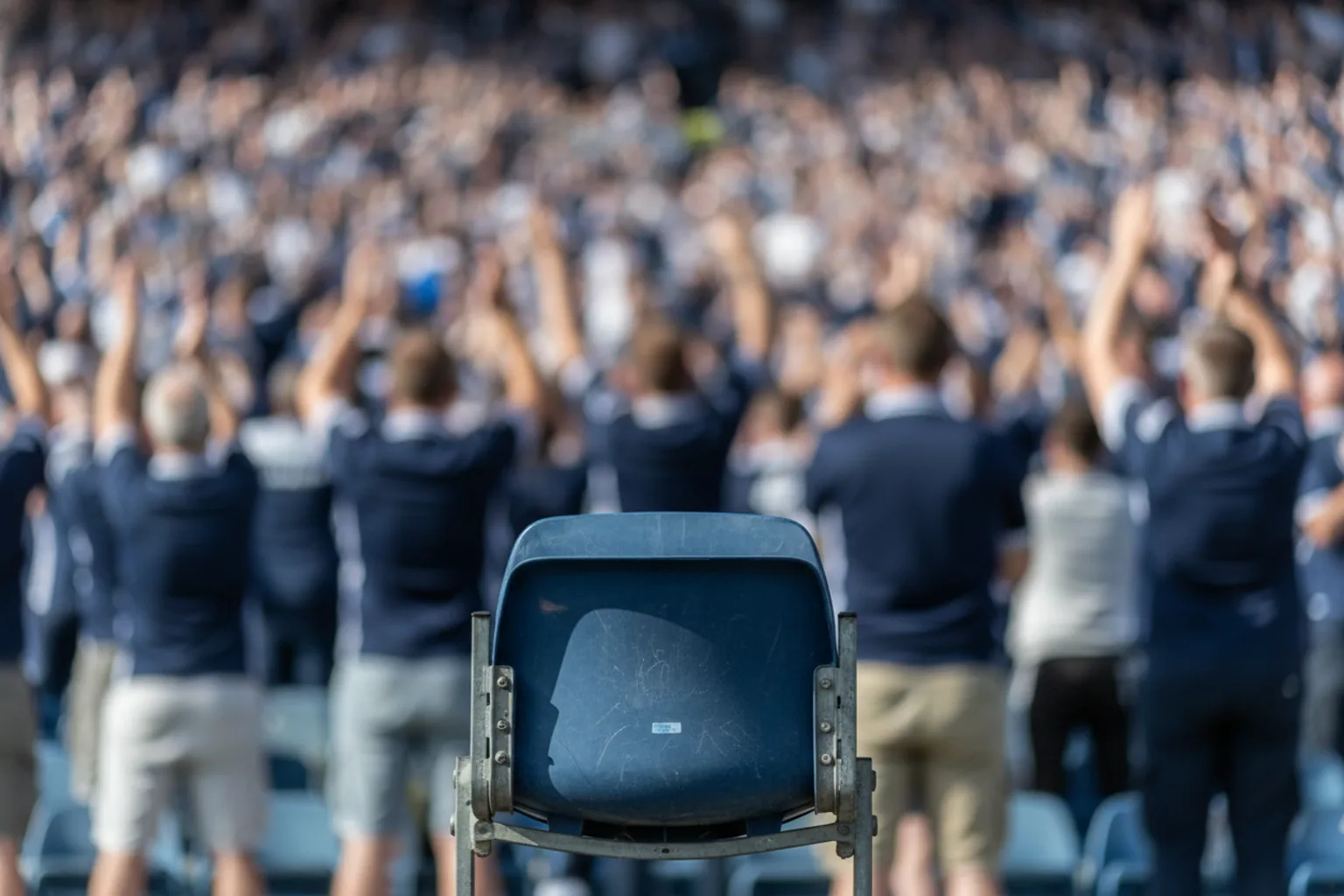 Navy-clad fans standing with arms raised in celebration, a single stadium seat sharp in the foreground