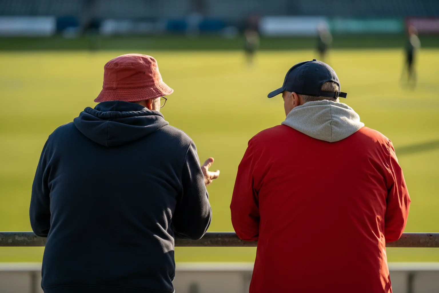 Two fans leaning on a stadium railing from behind, heads turned toward each other in conversation
