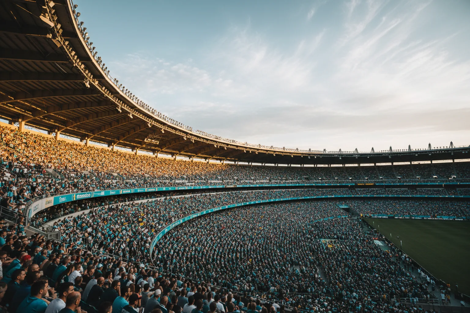 Curved stadium tiers filled with teal-and-gold spectators in early-evening light