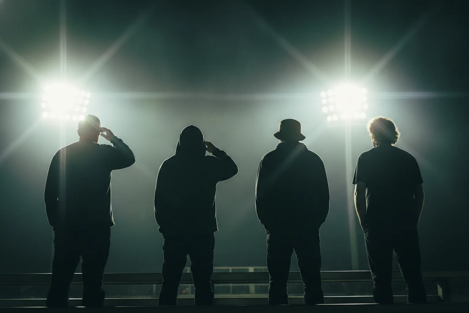 Four fans silhouetted from behind against blinding stadium floodlights at night