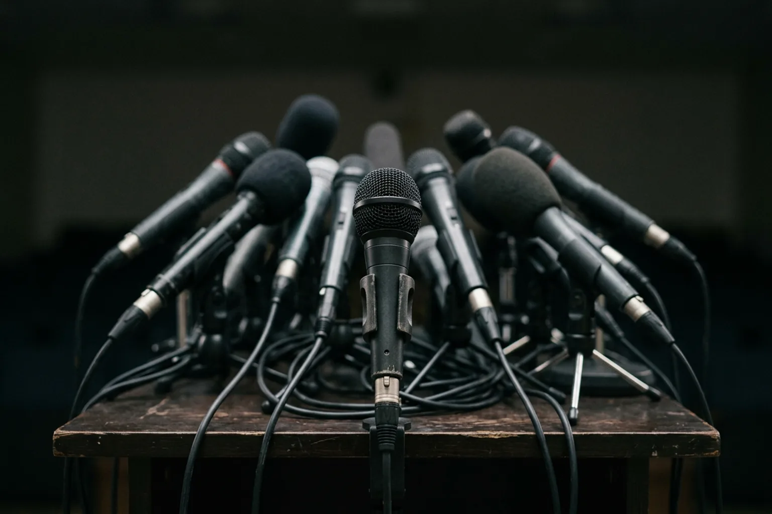 A cluster of press-conference microphones on a podium, shot with shallow focus against a dark background