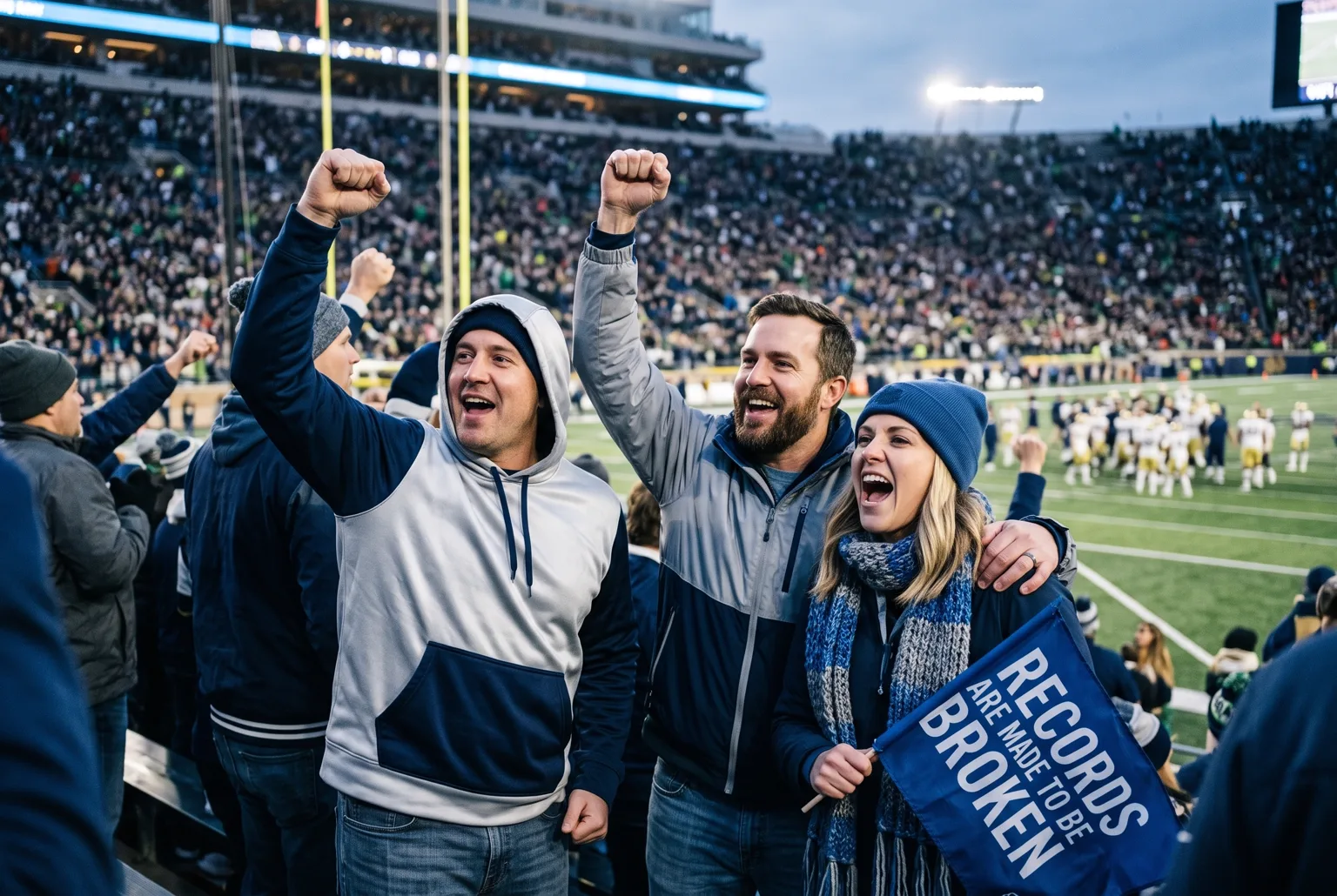 Three fans celebrating at dusk, one holding a blue flag reading Records Are Made To Be Broken
