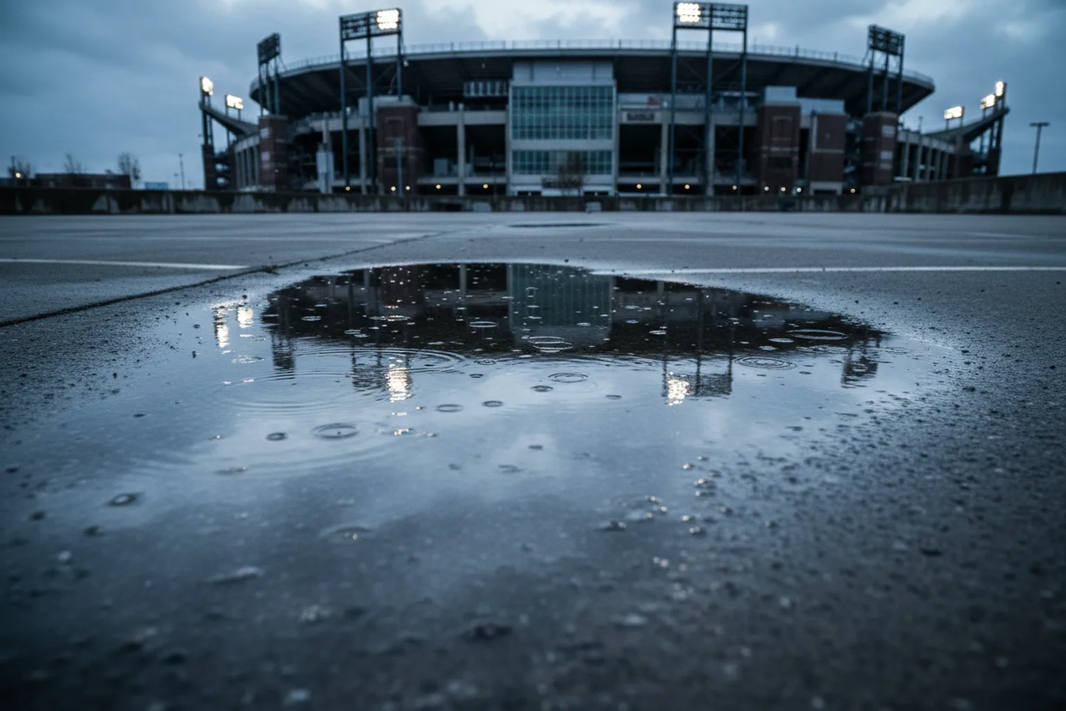 Stadium floodlights and a gray sky reflected in a rain-covered parking lot puddle