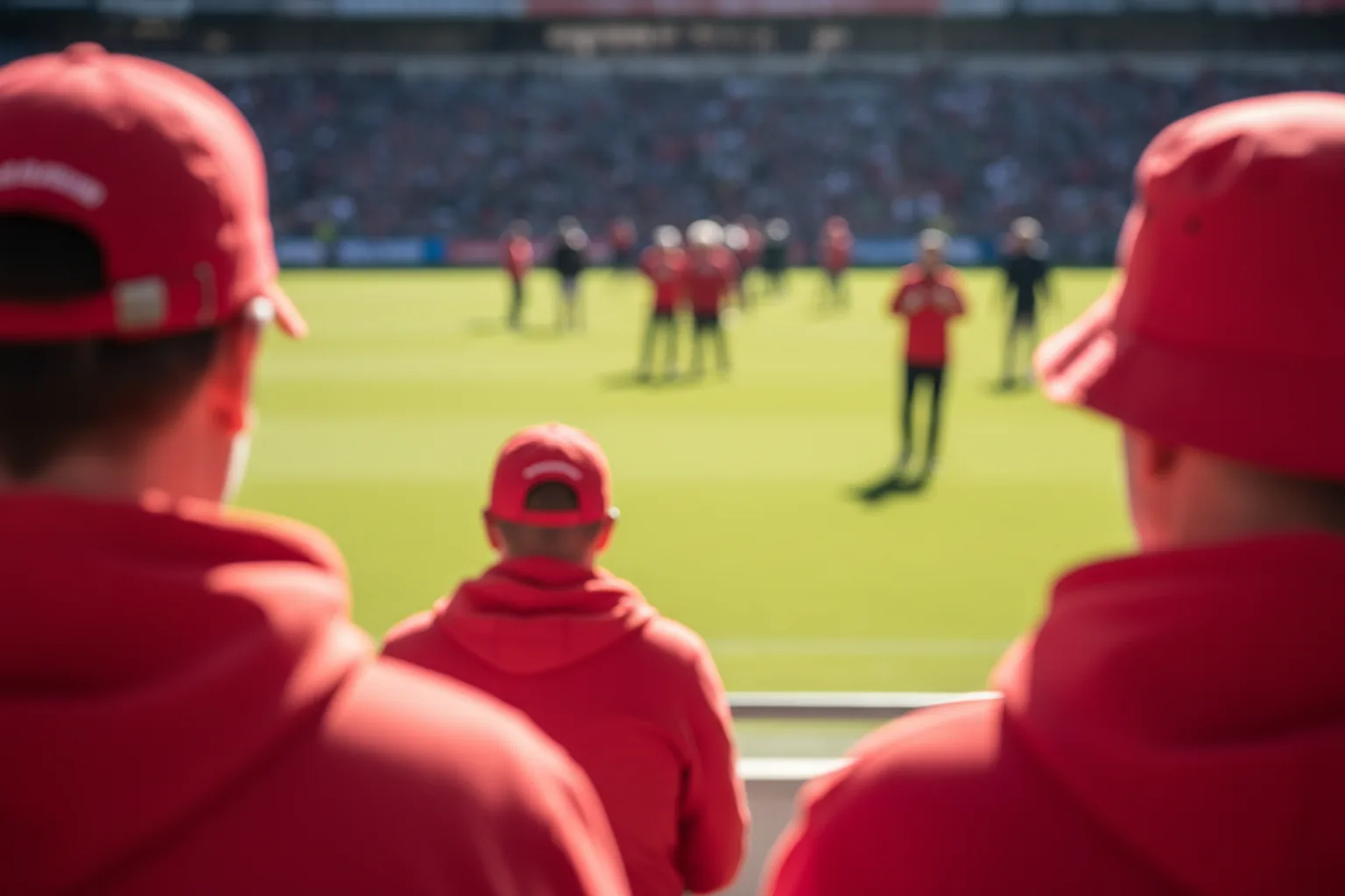 Fans in scarlet seen over the shoulder of a blurred figure in the foreground, all facing the field