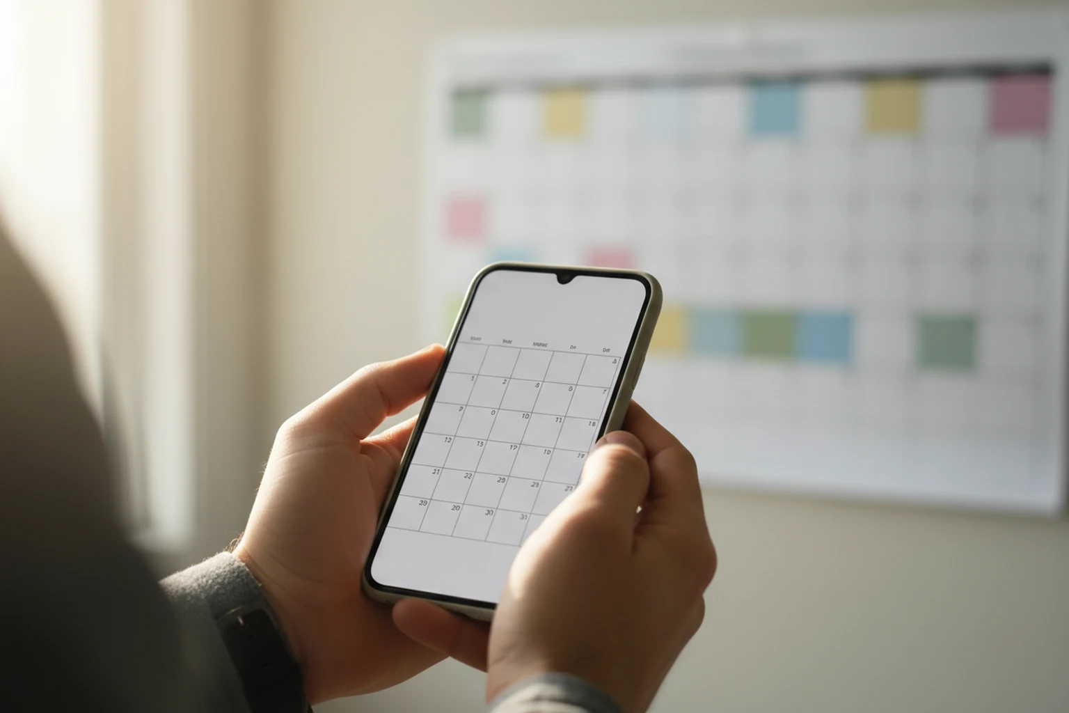 A pair of hands holding a smartphone showing a blank monthly calendar grid, with a colorful paper wall planner hanging out of focus in the background